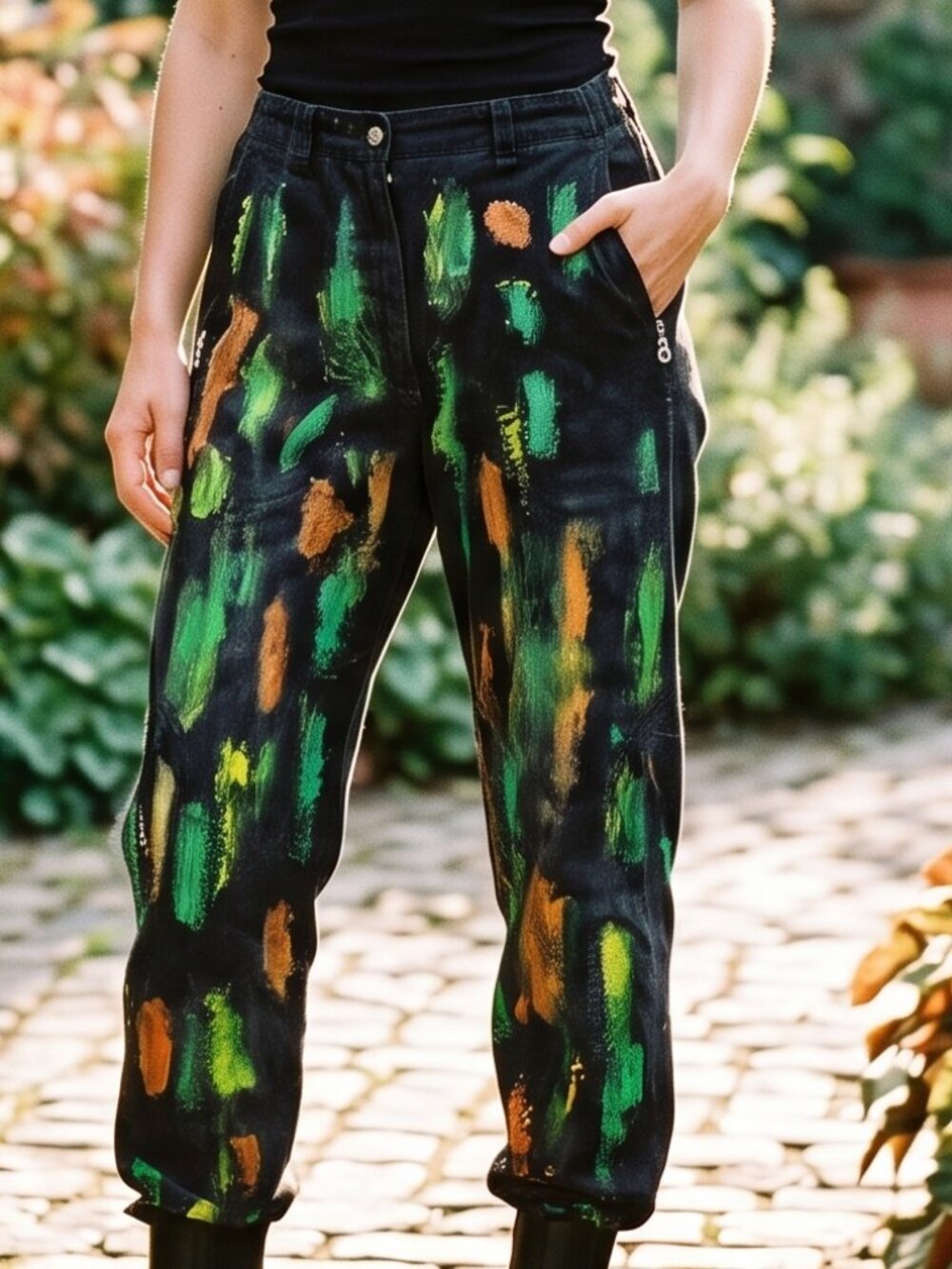 Jamie Sadok Slacks Pants Trousers Handdpainted Black Size 10